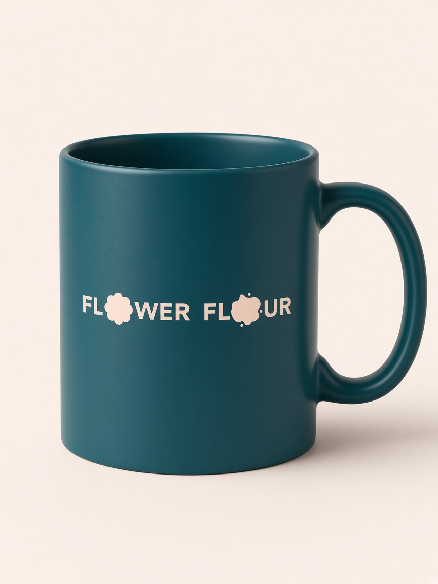 Deep teal Flower Flour ceramic mug with the blush wordmark
