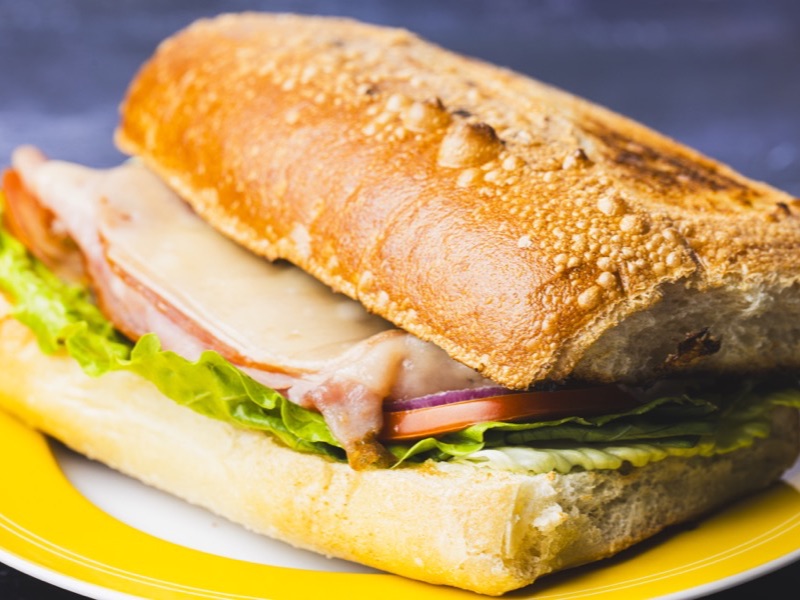 A grilled ham and cheese panini on a sesame roll