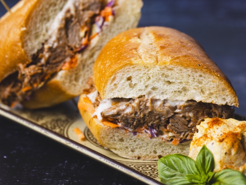 A pulled pork sandwich on a toasted roll